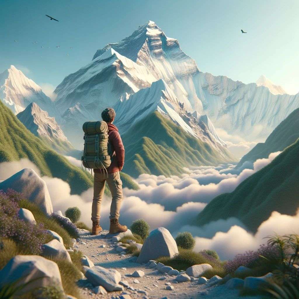 someone gazing at Mount Everest, digital art, 3D style